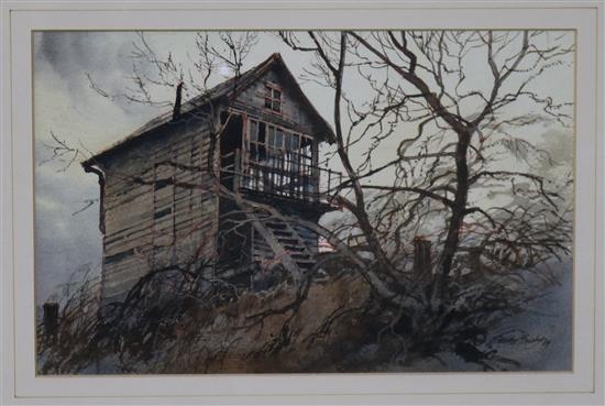 George Busby, watercolour of an empty signal box, 18 x 28cm